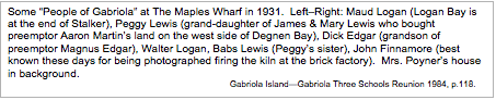 Text Box: Some “People of Gabriola” at The Maples Wharf in 1931. Left–Right: Maud Logan (Logan Bay is at the end of Stalker), Peggy Lewis (grand-daughter of James & Mary Lewis who bought preemptor Aaron Martin’s land on the west side of Degnen Bay), Dick Edgar (grandson of preemptor Magnus Edgar), Walter Logan, Babs Lewis (Peggy’s sister), John Finnamore (best known these days for being photographed firing the kiln at the brick factory). Mrs. Poyner’s house in background. Gabriola Island—Gabriola Three Schools Reunion 1984, p.118.